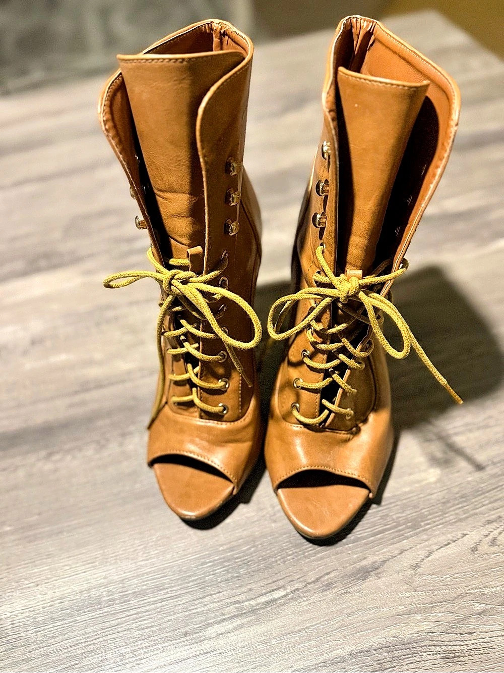 Brown Peep-Toe Lace-Up Heels